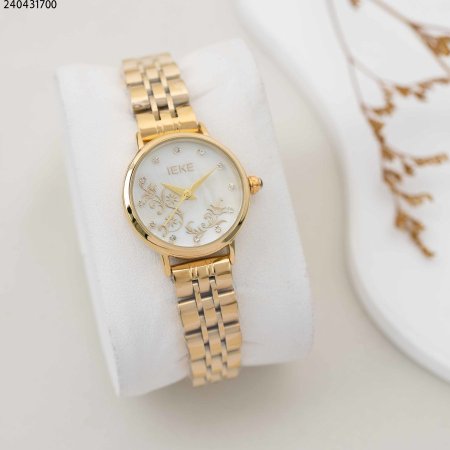 ساعة نسائية دائرية مع زركون وحزام معدني