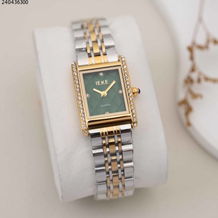 ساعة نسائية مستطيلة مع زركون وحزام معدني