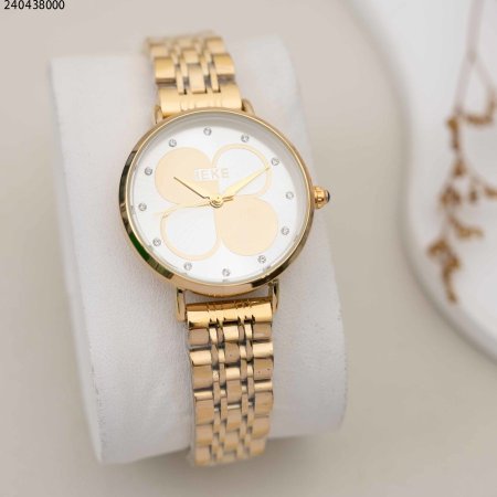 ساعة نسائية دائرية مع خلفية وردة البرسيم و حزام معدني