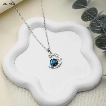 قلادة القمر والنجوم الفضية مع كرة زجاجية زرقاء وزركون
